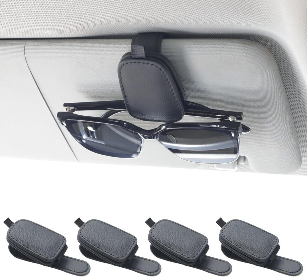 Yuoyar Pacote com 4 suportes de óculos de sol para viseira de carro - Suporte magnético de couro para óculos de sol e clipe para cartão de bilhete - Acessórios para viseira de carro (4 peças preta) 2 81WObTd92gL. AC SL1500