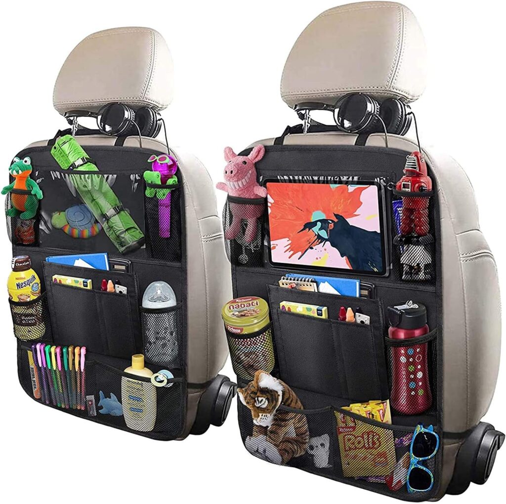 ULEEKA Organizador de banco traseiro de carro com suporte de mesa de 25,4 cm, 9 bolsos de armazenamento, protetores de assento para crianças pequenas, acessórios de viagem, pacote com 2 3 81uTy0G3XL. AC SL1500