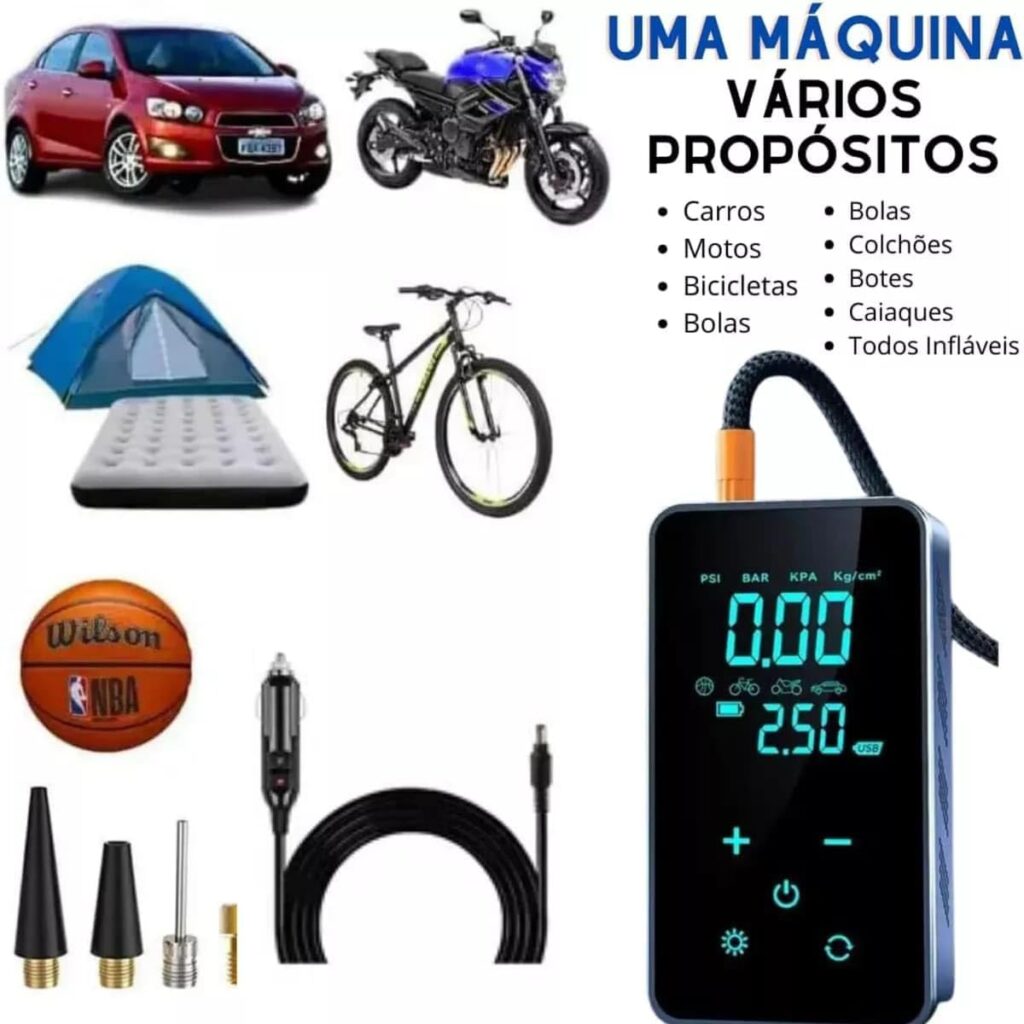Mini Compressor de Ar Portátil Recarregável e Inteligente | Inflador de Pneus, Colchões, Bicicletas e Motos | Calibrador Digital com Luz LED, Desligamento Automático e Adaptadores - MJ BRANDS 11 61HCUJtn9bL. AC SL1200