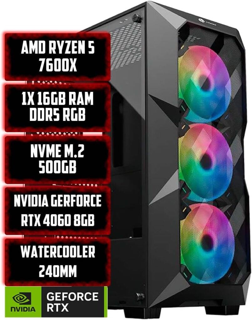 PC GAMER RYZEN 5 7600X, A620M, NVIDIA RTX 4060 8GB, W/C 240MM, GABINETE GAMER COM 3 FANS 6 61hTp679BgL. AC SL1200