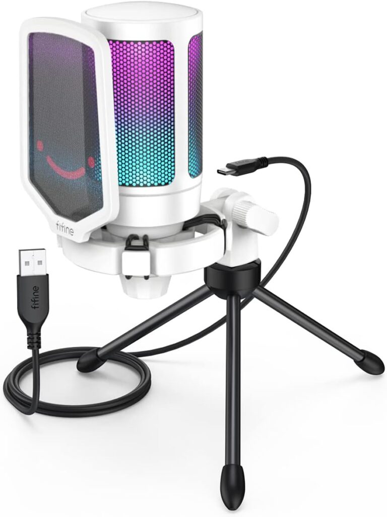 FIFINE Microfone USB, microfone para laptop de mesa de gravação de jogos para PC, microfone condensador para podcasting de transmissão RGB para jogos on-line, vocal, com botão mudo- A6V branco 6 61r2AVgsiZL. AC SL1200