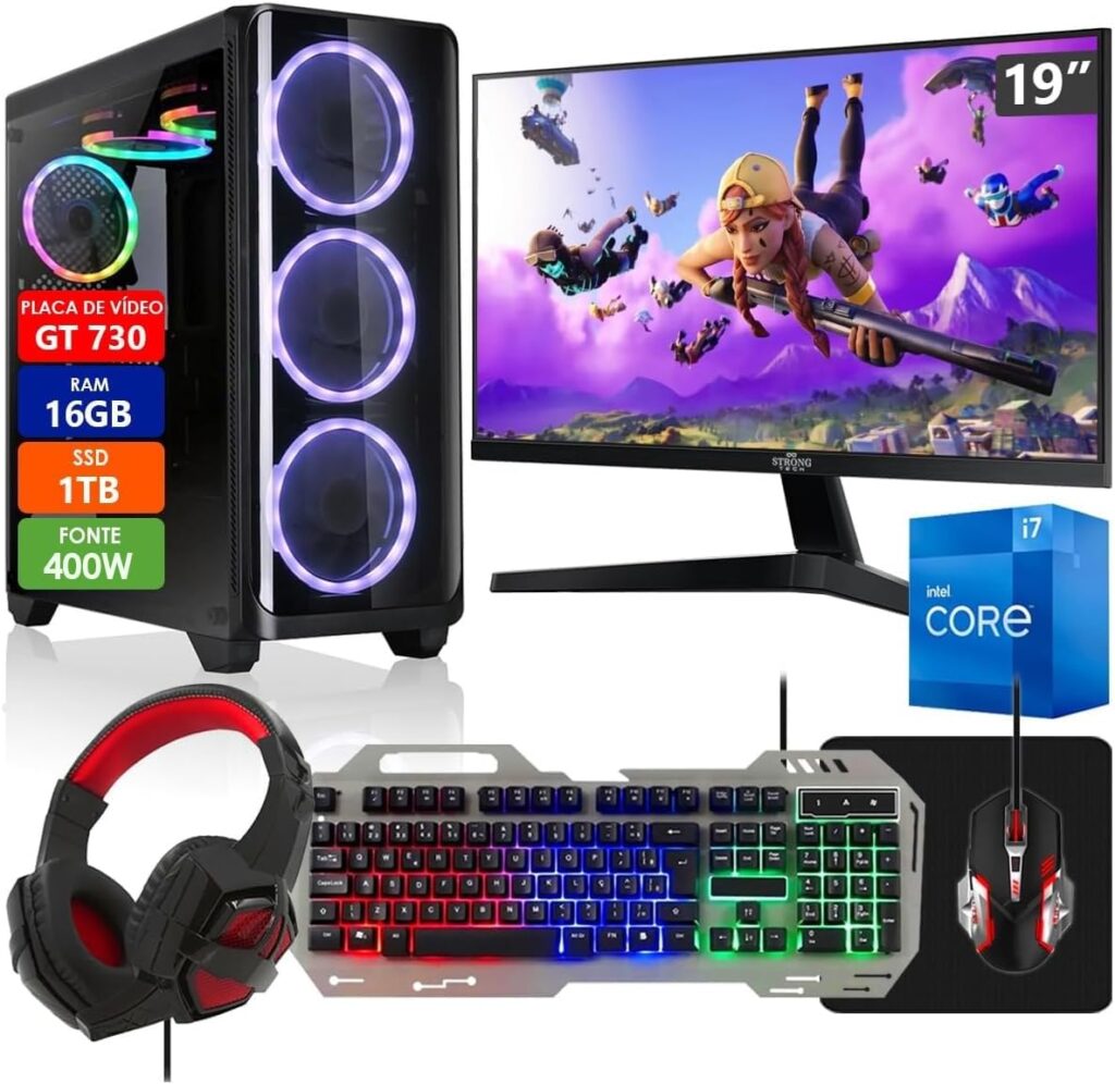 PC Gamer Completo Intel Core i7 16GB SSD 1TB Placa de Vídeo GT 730 2GB Monitor 19" com Kit Gamer - Fonte 400W Real Strong Tech 3 71Asi4r AdL. AC SL1200