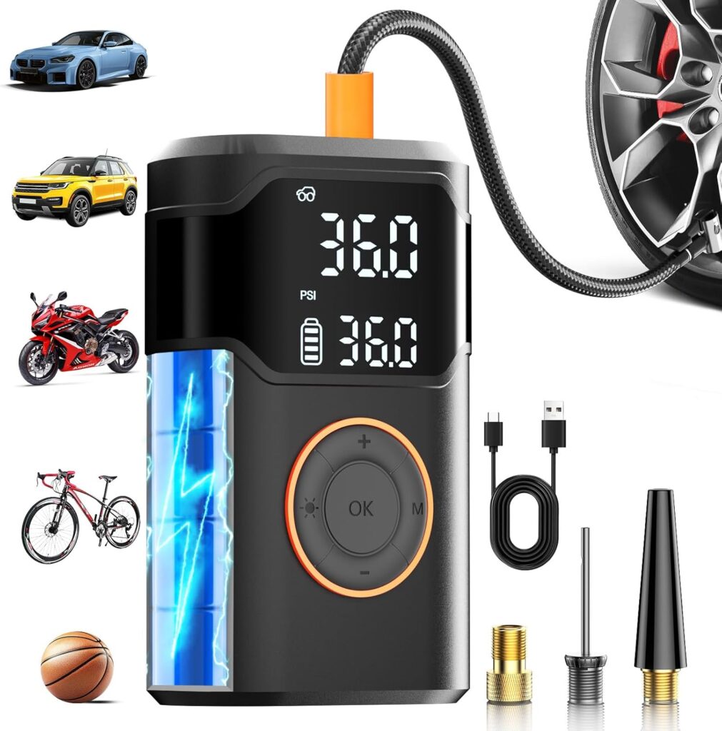 Compressor de ar portátil para inflador de pneu, bomba de ar de 150PSI para pneus de carro com medidor digital de pressão de pneu, luz LED, desligamento automático, inflador de pneu portátil sem fio 2 71lVWUEb0QL. AC SL1500
