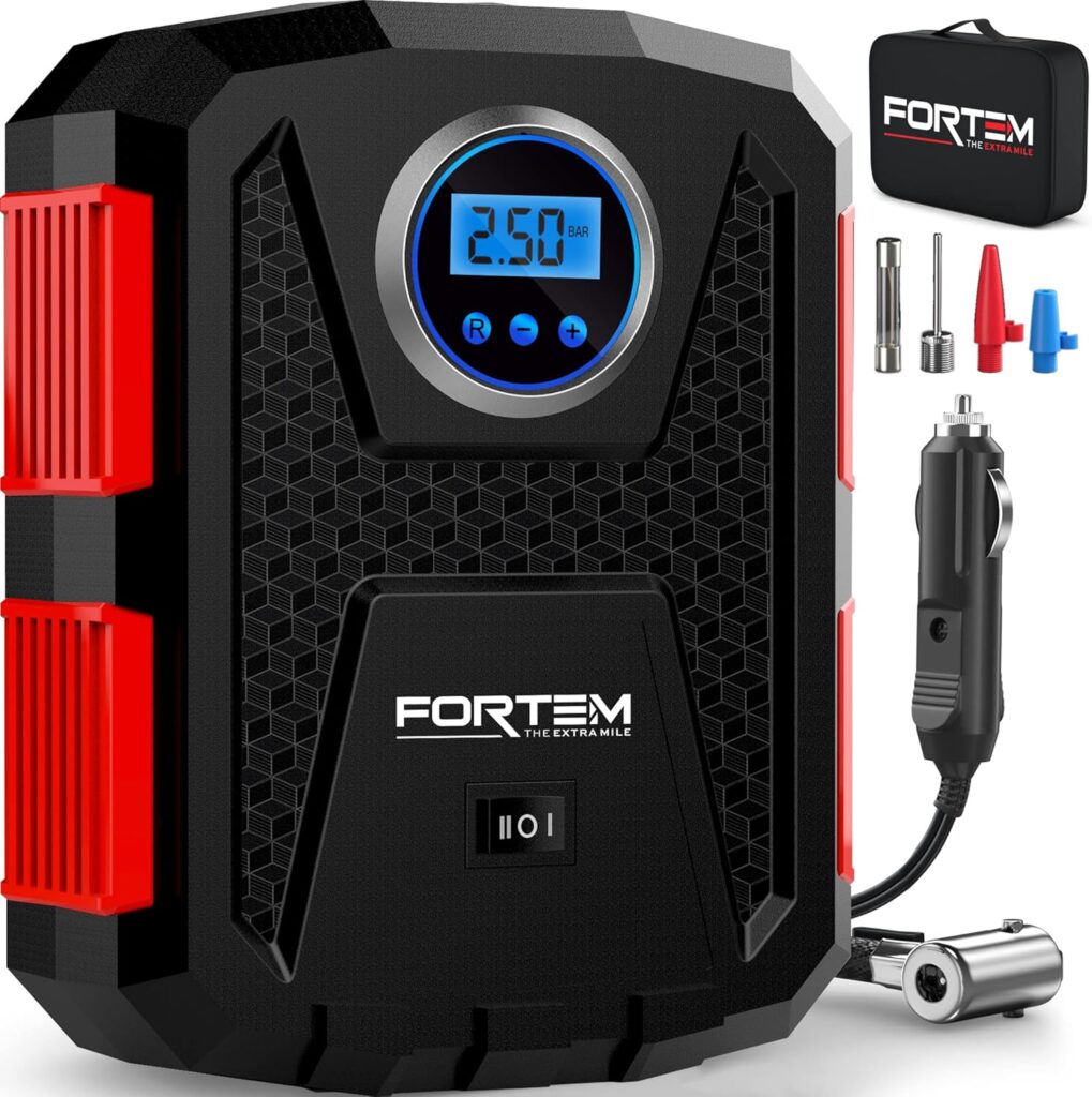 FORTEM Bomba de ar portátil para pneus, 150 PSI, bomba de bicicleta, bomba de ar elétrica de 12 V para carros e bicicletas com luz LED, medidor digital de pressão de pneu com bomba 9 91Ku5Q MF0L. AC SL1500