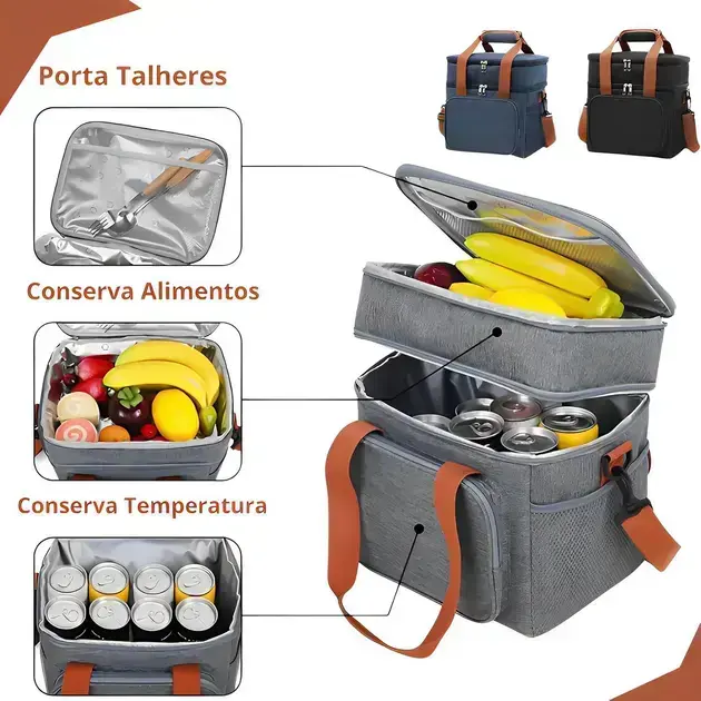 Imagem em 3D, com fundo neutro, destacando a bolsa e seus conteúdos.