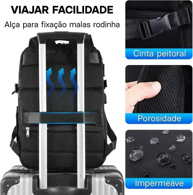 Mochila frontal com fundo neutro que destaca detalhes do material.