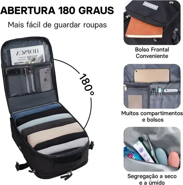 Mochila vista de cima com fundo neutro que destaca a mala e seu interior.