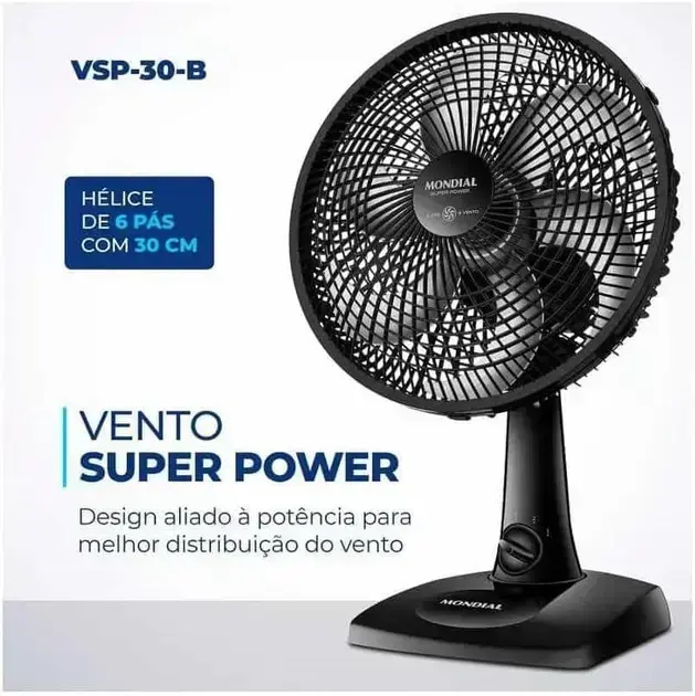 Ventilador em vista frontal. O fundo da imagem é branco, com texto em azul e cinza descrevendo as características do ventilador.
