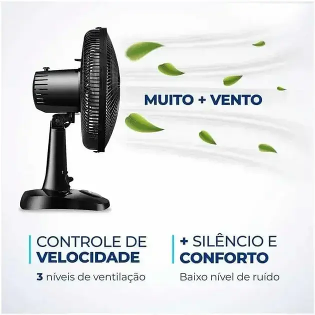 Ventilador em vista lateral. O fundo é branco, proporcionando um contraste limpo com o ventilador.